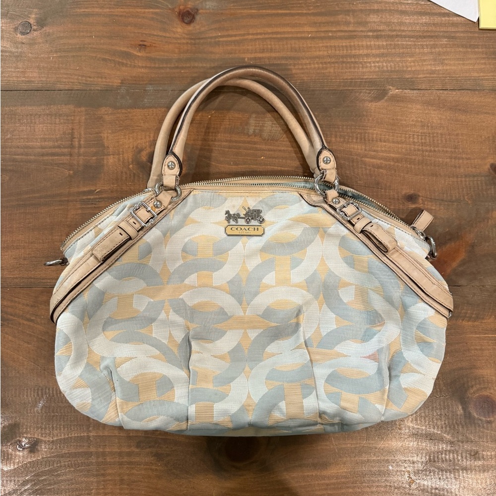 COACH MADISON SATCHEL Blue Cream Signature C Fabric Leather Trim Handbag Purse